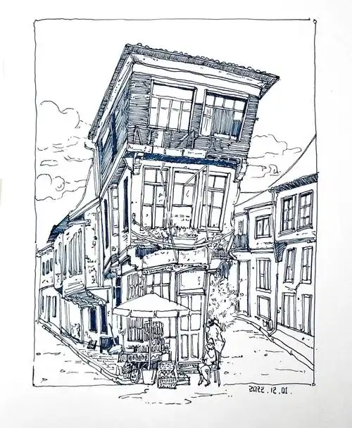 街角钢笔手绘速写