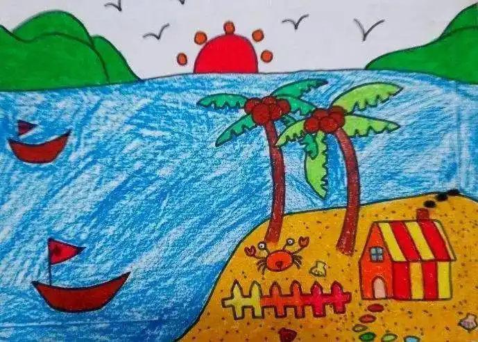 小时候,都会画的一幅画: 蓝天,白云,大海, 小屋和几棵大椰子树.
