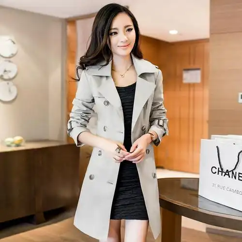 韩版纯棉大衣风衣春秋季女士上衣外套中长款清仓女装双排扣时尚