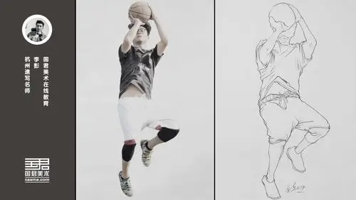 人物速写大动态男青年投篮运动白描线性速写李彭
