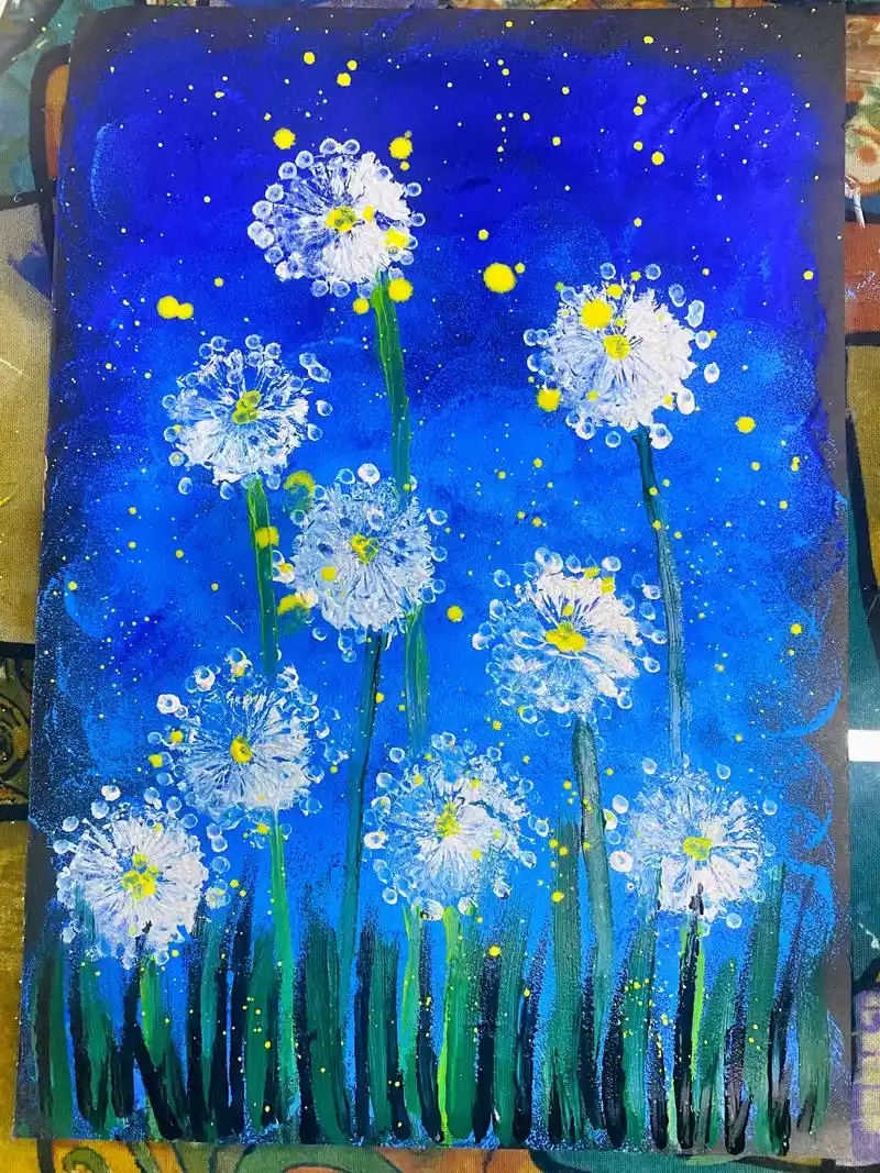 水粉蒲公英,适合4-5岁#创意美术 #画画 #风景画 - 抖音