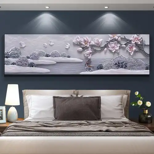 瑞得丹 卧室浮雕装饰画现代简约床头横版3d立体美式家庭无框壁画