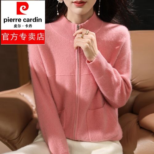 半高领100%羊绒开衫女拉链口袋宽松休闲针织羊绒外套上衣 虾粉色 xl
