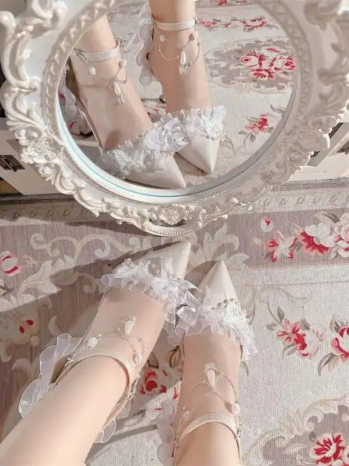 洛丽塔高跟鞋花嫁lo鞋尖头手作优雅高跟鞋百搭lolita茶会藏蓝色7cm带