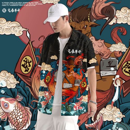 国潮醒狮短袖衬衫男士潮流大码中国风短衬衣宽松潮胖子夏季男装帅