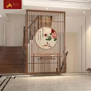 新中式屏风隔断玄关入户客厅楼梯实木栅栏遮挡刺绣定制锦堂富贵图