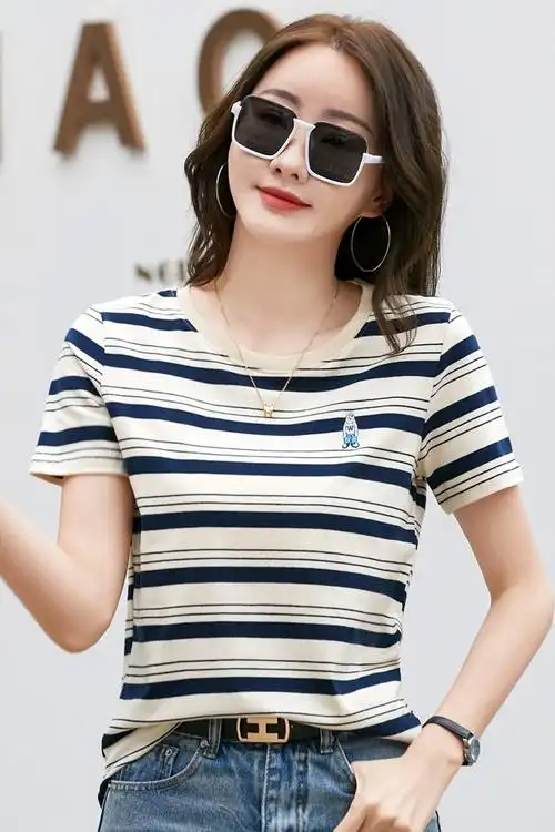 女士显瘦上衣黑白条纹半袖t恤女2023新款透气体恤潮t夏季纯棉短袖
