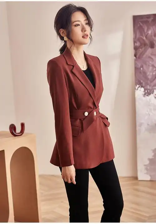 罗衣秋装知性ol西装外套女21年新款气质砖红色修身系带西服03253 砖