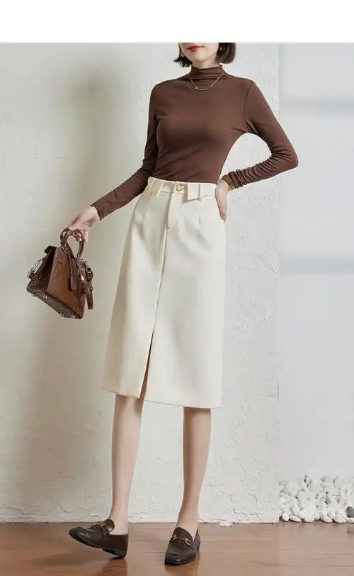 尚都比拉设计感翻折腰中长a字开叉包臀半身裙女秋2021新款裙子 黑色 s