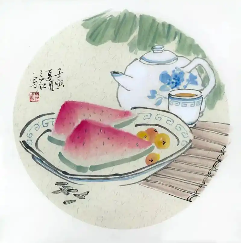 国画西瓜.《夏日清凉茶自饮》1画西瓜时要用大毛笔,用笔简洁 - 抖音