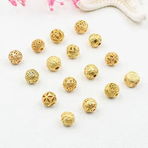 保色古法沙金镂空花球福字铜钱圆珠diy串珠手链饰品隔珠8mm配件