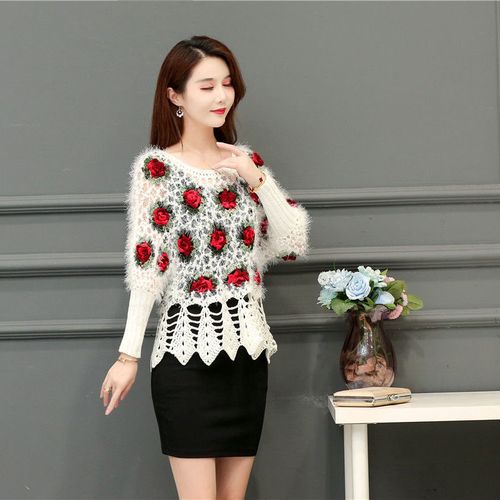 秋冬镂空毛衣女针织衫罩衫高腰短款外套蝙蝠袖套头上衣加厚蝙蝠衫