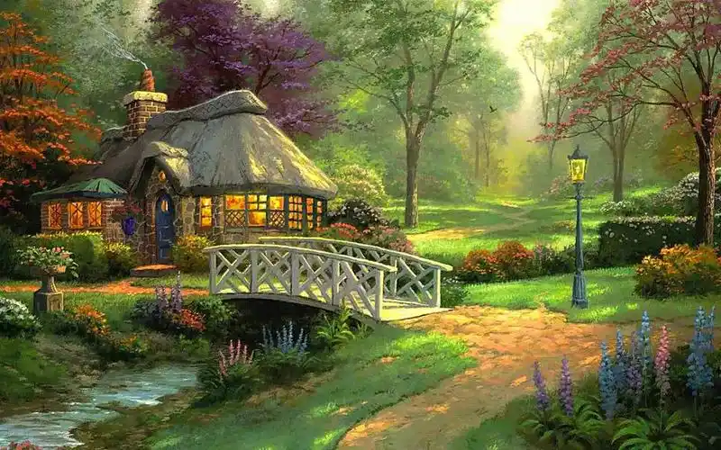 托马斯金凯德thomas kinkade,林间小屋,风景桌面壁纸