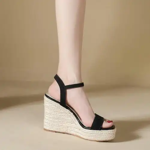 麻绳编织厚底坡跟凉鞋新款女10cm高跟防水台一字带松糕鞋2023夏季