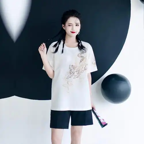 卿棠原创白泽应龙刺绣国风汉元素短袖宽松百搭t恤