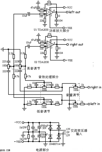 下面的电路是用tda2030设计的一款高保真有源音箱电路