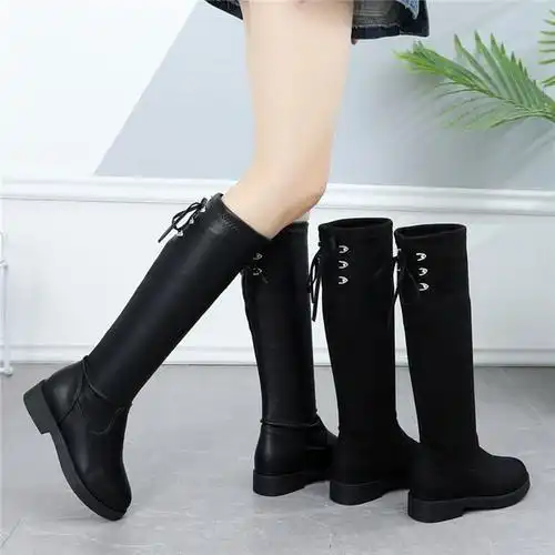 不过膝长靴女2022冬季新款平底加绒高筒靴网红弹力瘦瘦骑士长筒靴