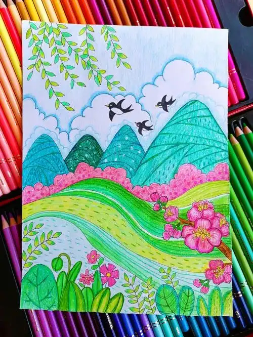 春天主题儿童画||读书小报/78有线稿96工具:卡西米尔油性彩铅