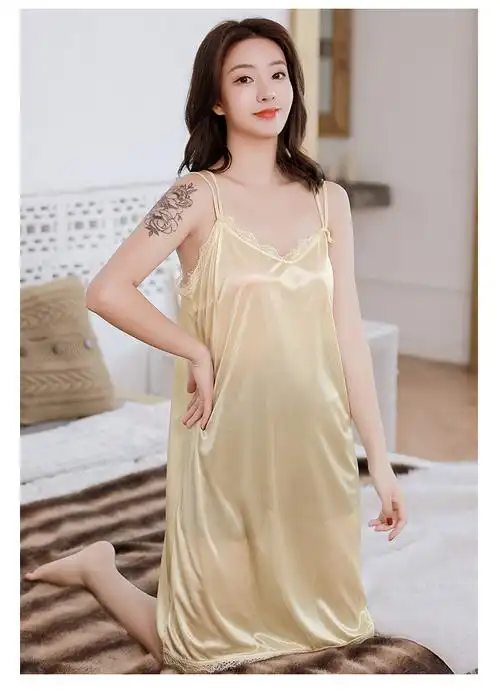 丹雅荣夏女吊带冰丝睡裙丝绸性感诱惑睡衣微透明蕾丝花边丝滑纱家居服