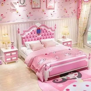 儿童床女孩公主床单人床女生粉色床儿童房卧室家具组合套装1.2米