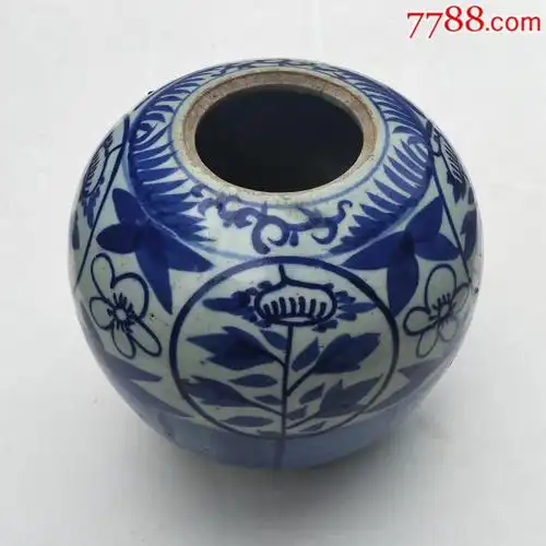 民国景德镇青花瓷罐手绘草花坛子收藏品摆件
