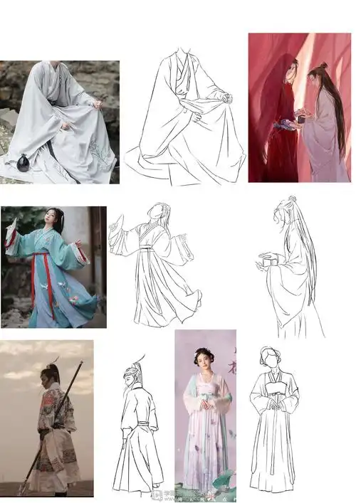临摹5张不同款式汉服照片,重点注意衣服褶皱走向 作业要求: 1