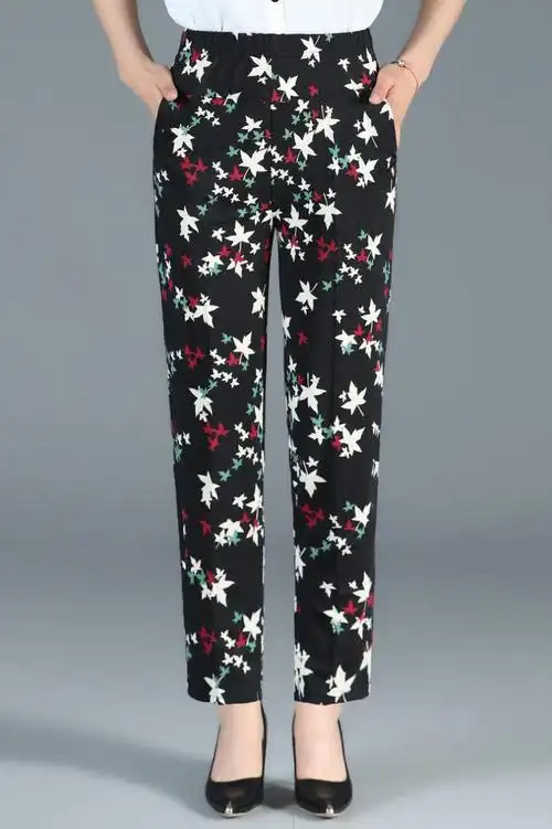 夏季妈妈花裤子宽松大码中老年女裤高腰弹力老年人裤子女中年女裤1号