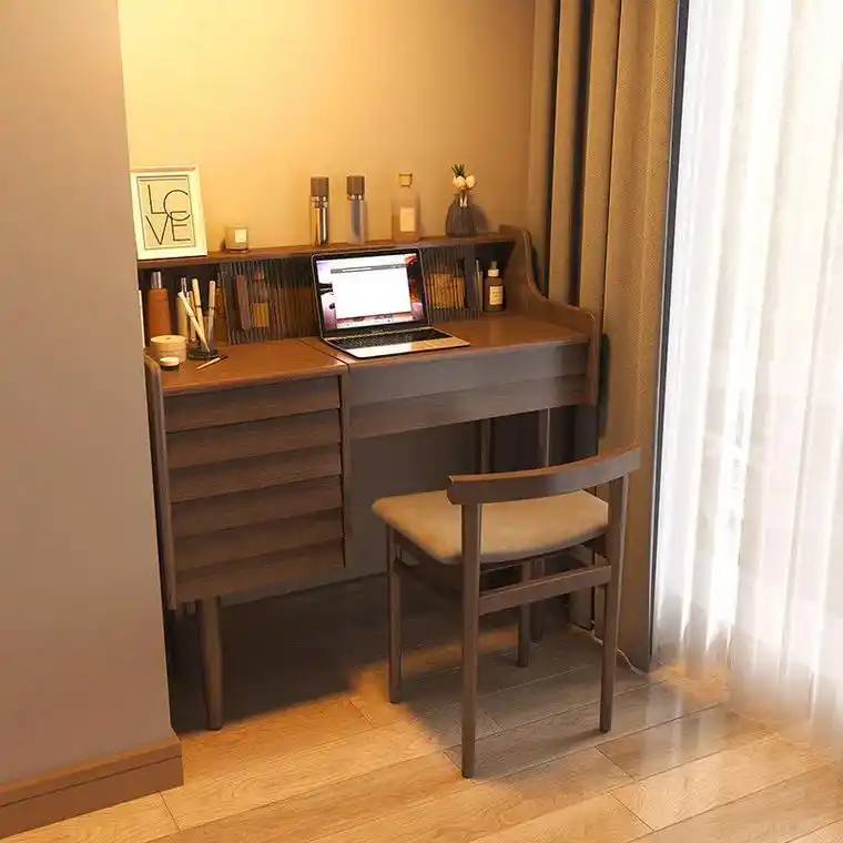 全实木桌椅梳妆台书桌卧室两用翻盖梳妆书桌二合一小户型梳妆桌# - 抖