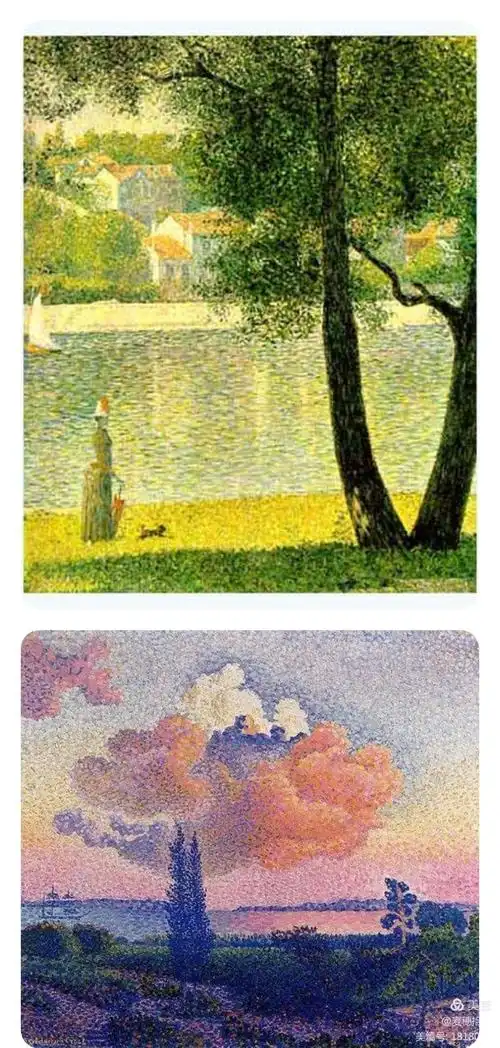 法国印象派画家修拉的点彩画作品,用丰富的色彩点表现画面.