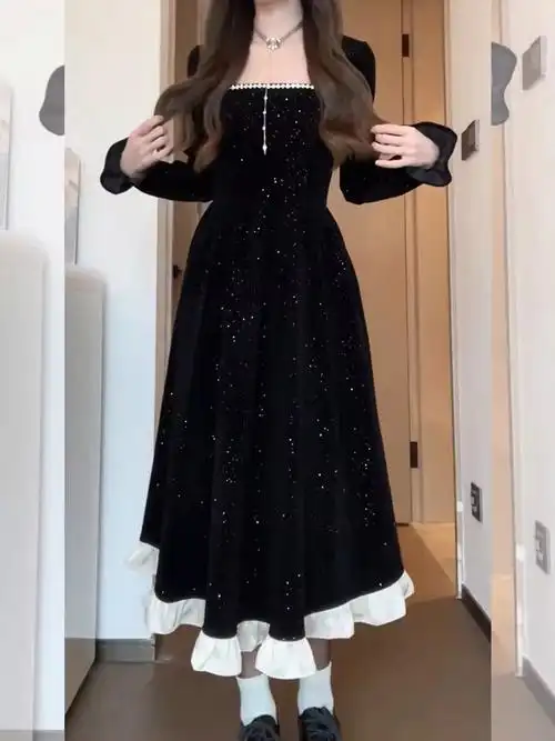 法式复古气质布灵圣诞方领连衣裙女秋冬高级感甜美收腰公主蓬蓬裙