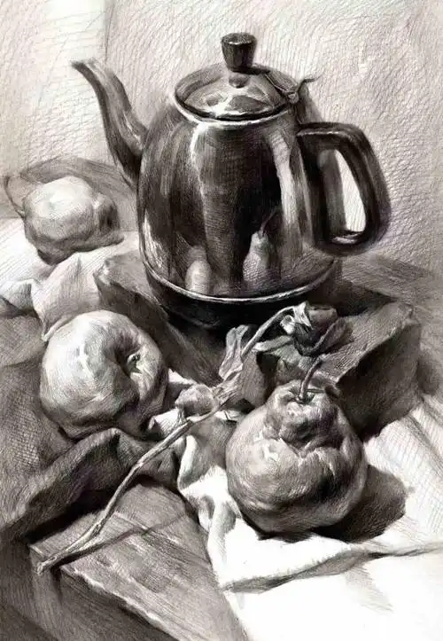 教学视频 | 素描教学——不锈钢水果静物组合范画