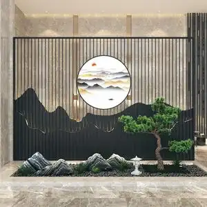 新中式不锈钢屏风隔断别墅户外庭院玄关格栅假山水金属背景墙定制