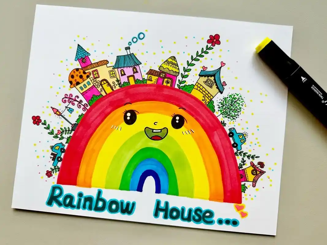 彩虹上的房子创意儿童画.