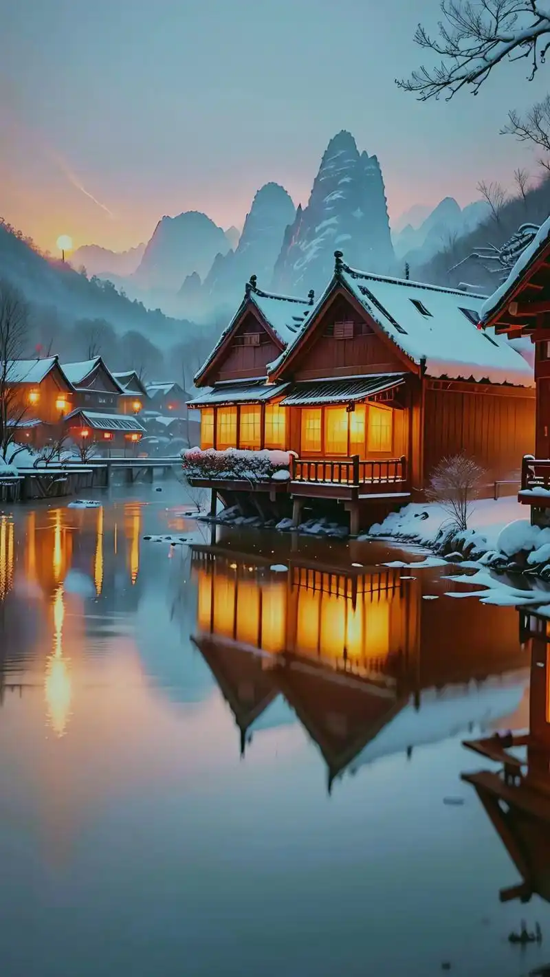 冬天桂林水乡美景,大雪纷飞.真实拍照感,超高清,房屋和树木, - 抖音