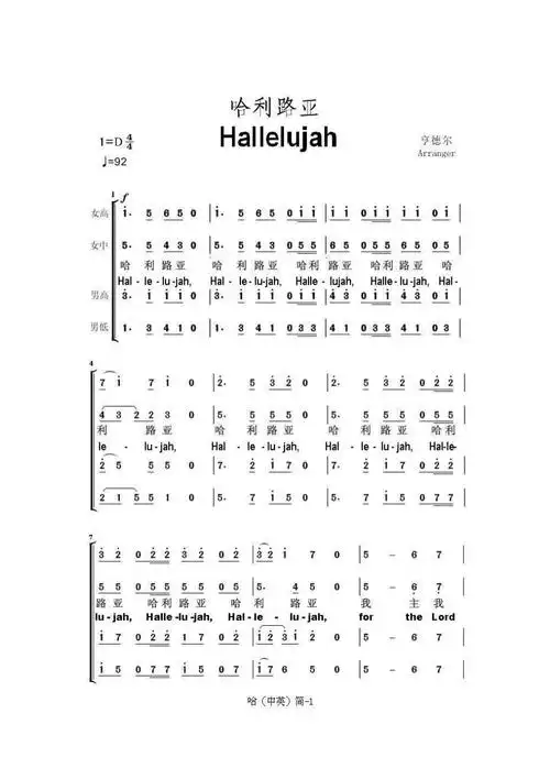 哈利路亚中英文简谱