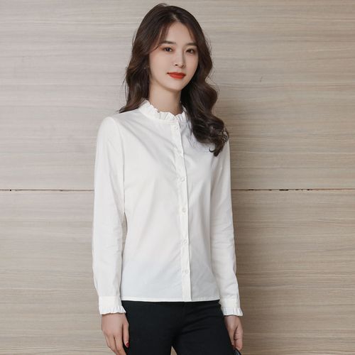 纯棉衬衫女长袖2020春秋装新款修身上衣气质木耳边立领打底白衬衣