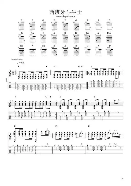 经典名曲西班牙斗牛士吉他谱吉他独奏谱带五线谱版本