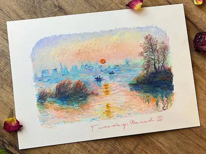 油画棒风景塞纳河上的落日附绘画步骤图