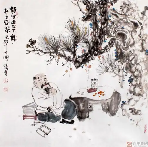 gs李胜春四尺斗方品茶图静坐山松下