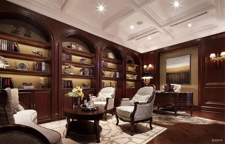 古典美式风格别墅红木书房装修效果图
