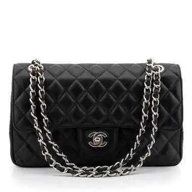 flap香奈儿经典翻盖包进口原版羊皮黑色银链小号 a货香奈儿女包 高仿