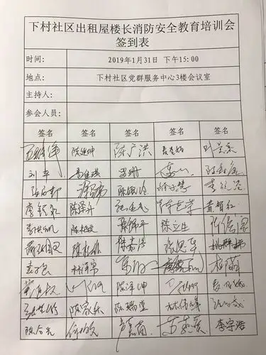 本次下村社区出租屋楼长消防安全教育培训会签到表.