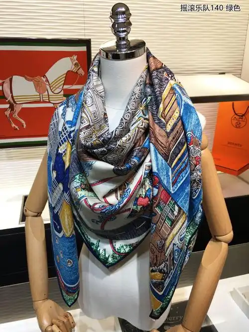 hermes爱马仕绿色蓝色灰色山羊绒桑蚕丝舞台马路摇滚乐队140厘米披肩