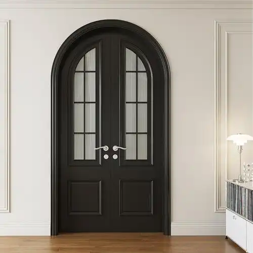 潮盛定制实木复合烤漆门黑色法式复古卧室房间圆弧拱形对开门入户
