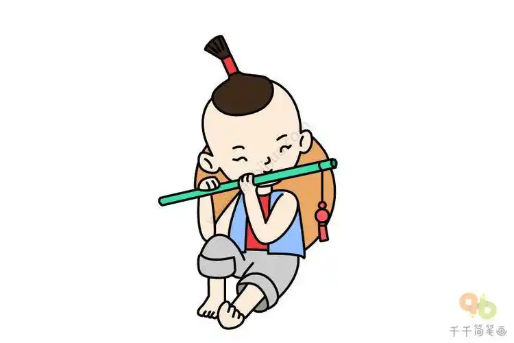 男孩吹笛子简笔画彩色