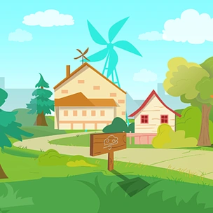 卡通农场木屋小路路牌森林树木春天室外场景