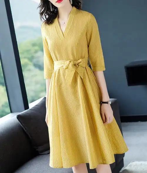 欧美时尚七分袖条纹中长连衣裙1000