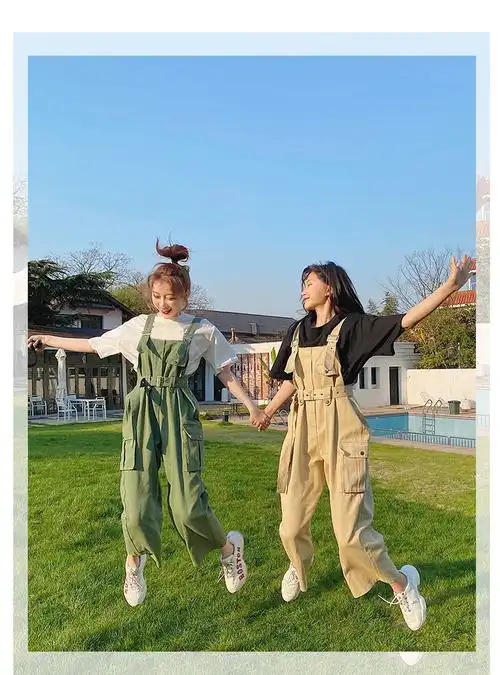 夏季网红闺蜜装套装裤女学生韩版短袖t恤高腰背带直筒裤子两件套黑色