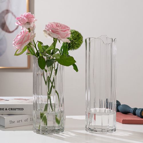 花瓶简约竖棱玻璃创意彩色透明百合花客厅大号花瓶