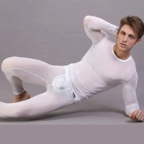 特价透明男士内衣_男士冰丝长袖内衣超薄秋衣保暖套装男式低腰紧身